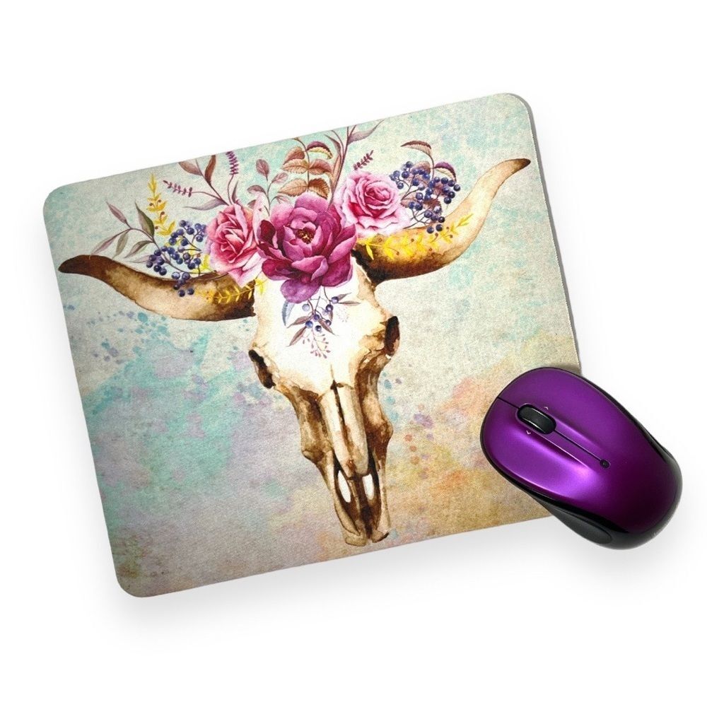 Cow Skull Watercolor Floral Computer Laptop Mouse Pad New Custom Made OOAK‎